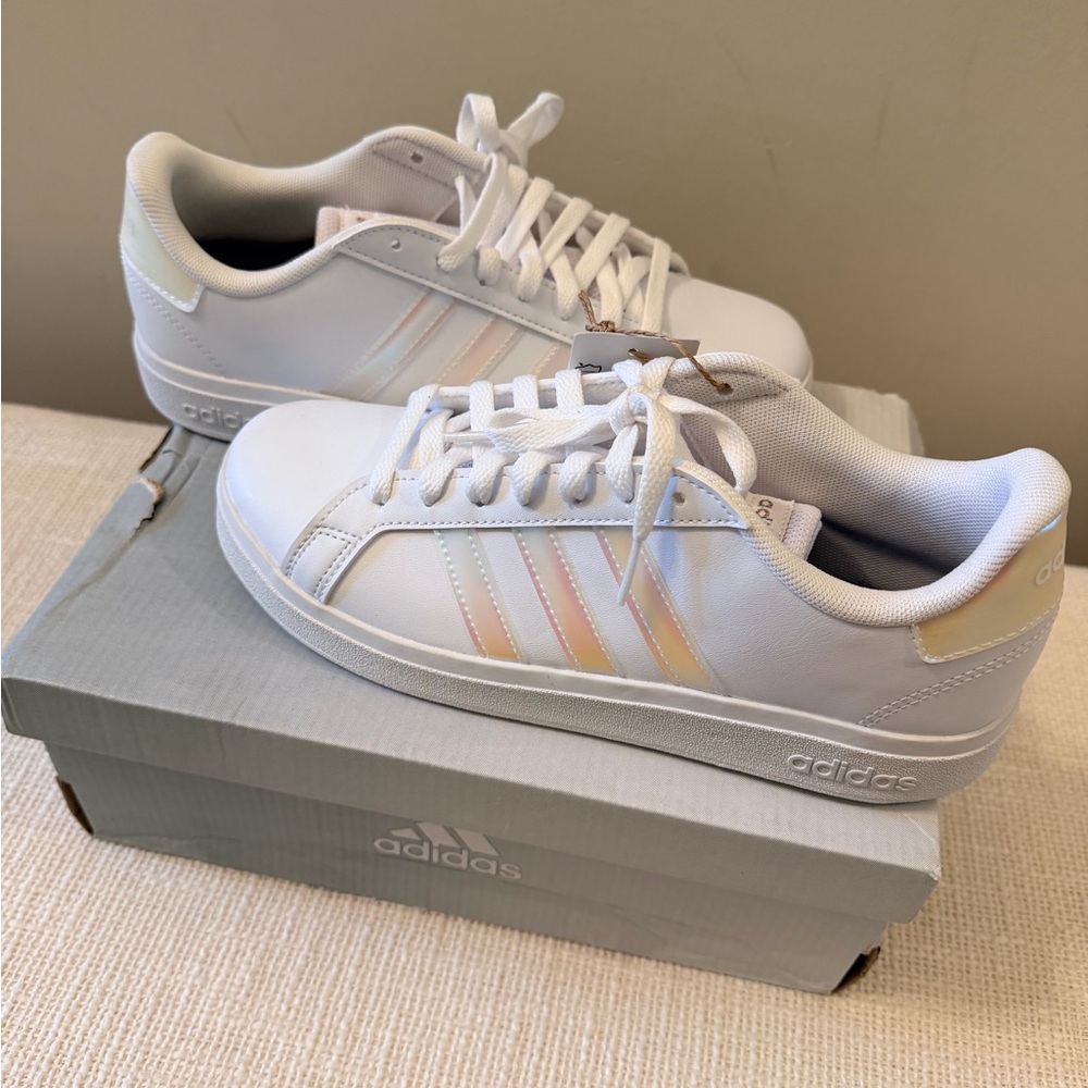 adidas White Sneakers with Pastel Pink & Yellow Stripe Accents